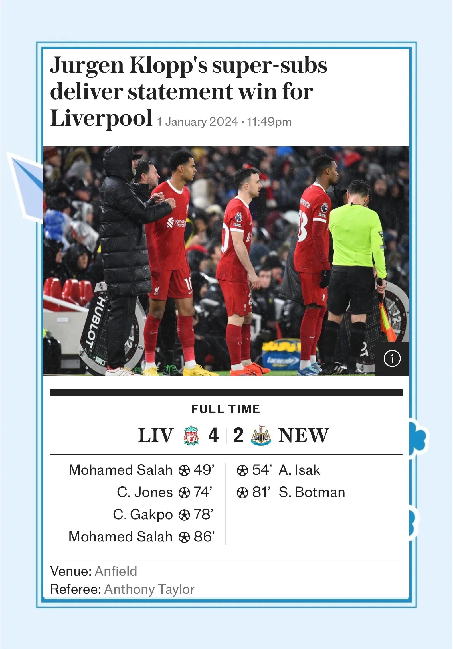 纽卡斯尔胜利，利物浦队仍遥遥领先